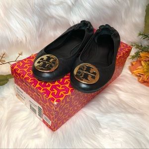 Tory Burch Black and Gold Reva Flats - size 7
